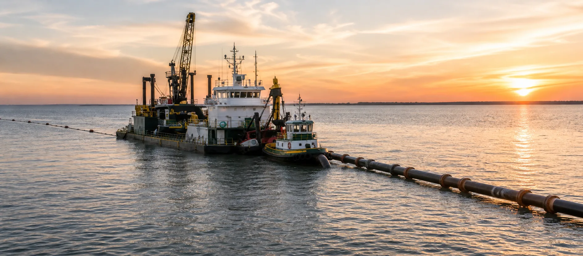 Dredging vessel working at sunset