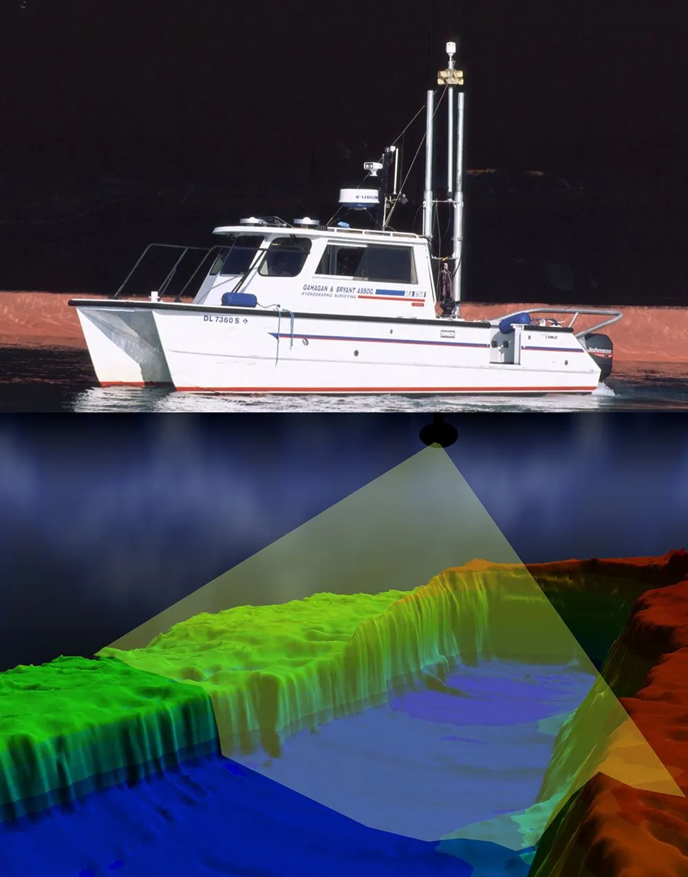 A hydrographic survey vessel above a visualization of mapped underwater terrain